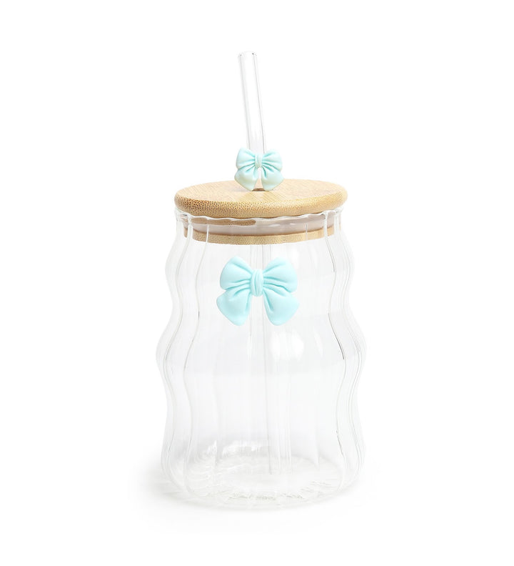 Taffy Wavy Glass Tumbler with Wooden Lid and Straw Blue view 4