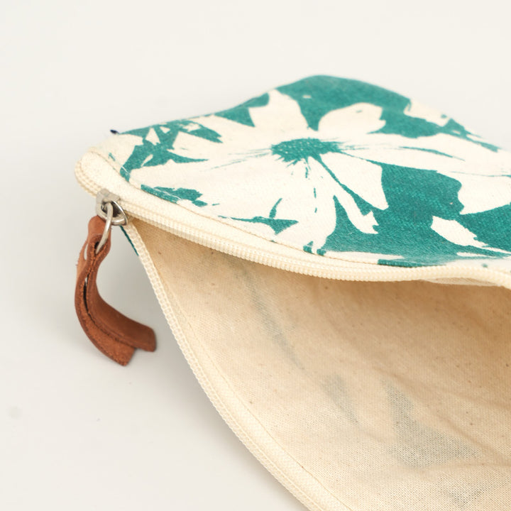 Teal Floral Print Canvas Zipper Pouch, View 4