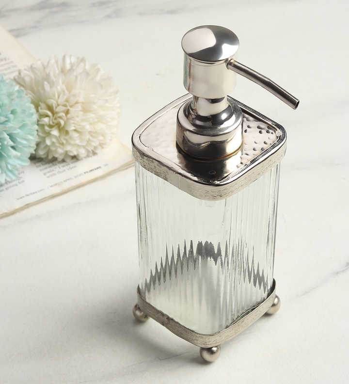 Elio Sculpted Glass Soap Dispenser with Metal Accents view 1