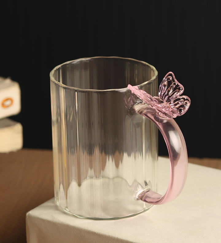 Titli Kayla Butterfly Handle Ribbed Glass Mug view 1