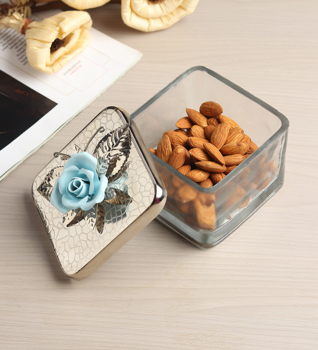 Petal Eclat Square Storage Box with Floral Bloom Accent Blue view 2