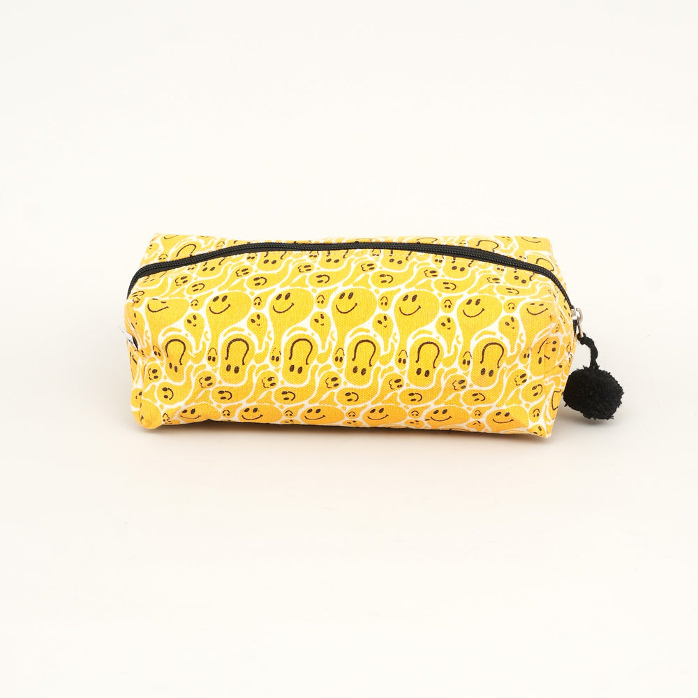 Yellow Swirl Print Fluffy Pouch with Pom Pom