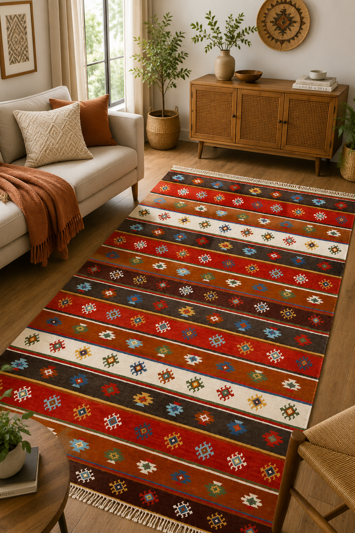 Bold Multicolour Handwoven Wool Kilim Rug