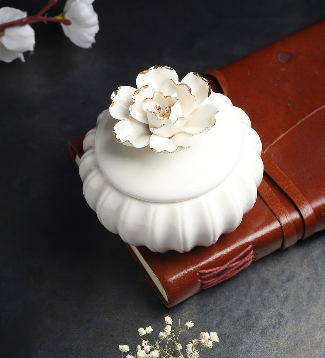 Ivory Blossom Sculpted Porcelain Trinket Box view 2