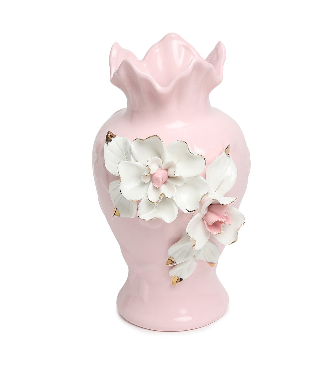 Elodie Fleur Ruffled Rim Porcelain Vase with Gold Detail Pink view 5