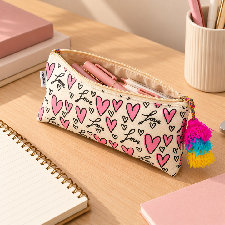 Heart Print Tassel Pencil Pouch
