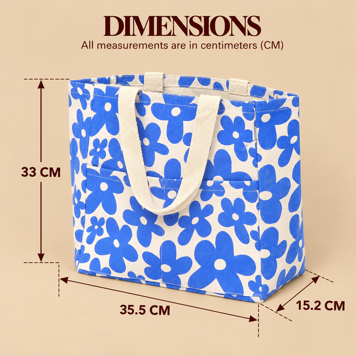 Blue Floral Print Canvas Tote Bag