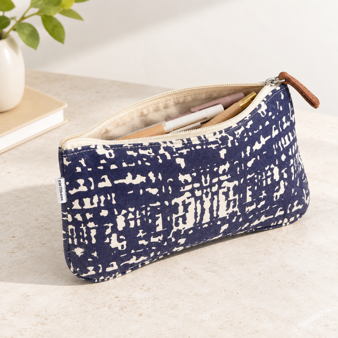 Navy Abstract Print Canvas Zipper Pouch, View 6
