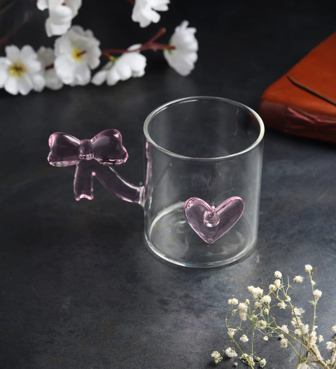 Bowed Heart Pink Glass Cup with Bow Handle view 1