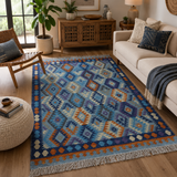 Grey Blue Diamond Handwoven Wool Kilim Rug