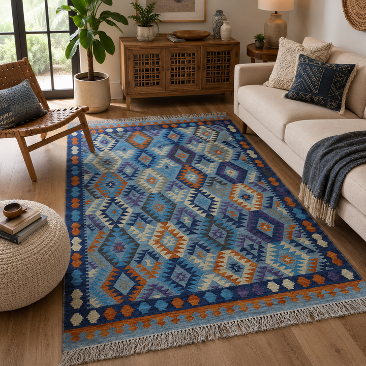 Grey Blue Diamond Handwoven Wool Kilim Rug