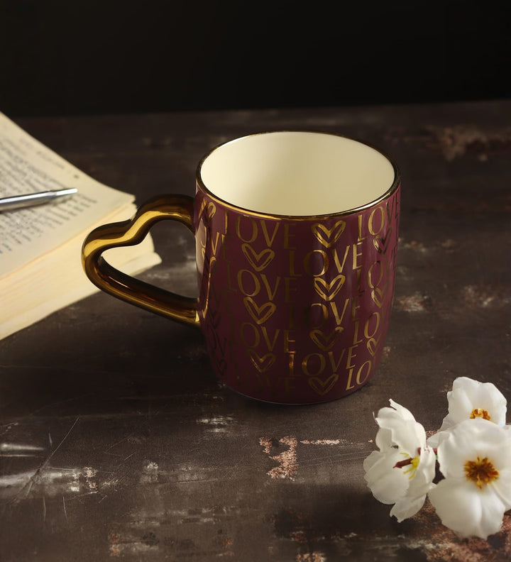 Love Quote Ceramic Coffee Mug with Gold Heart Handle Love Notes Purple view 1