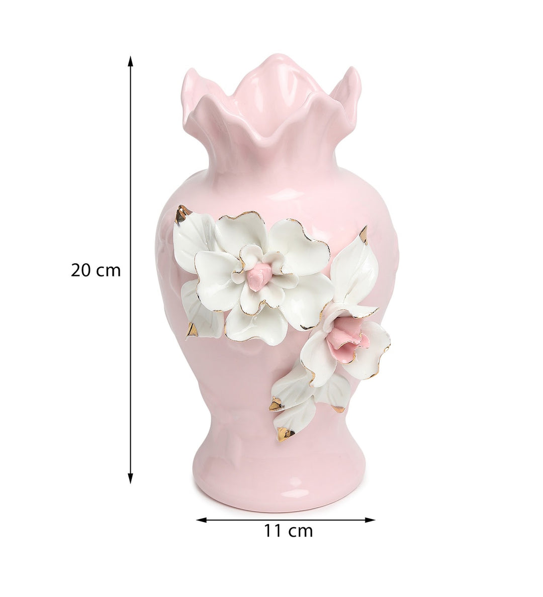 Elodie Fleur Ruffled Rim Porcelain Vase with Gold Detail Pink view 3