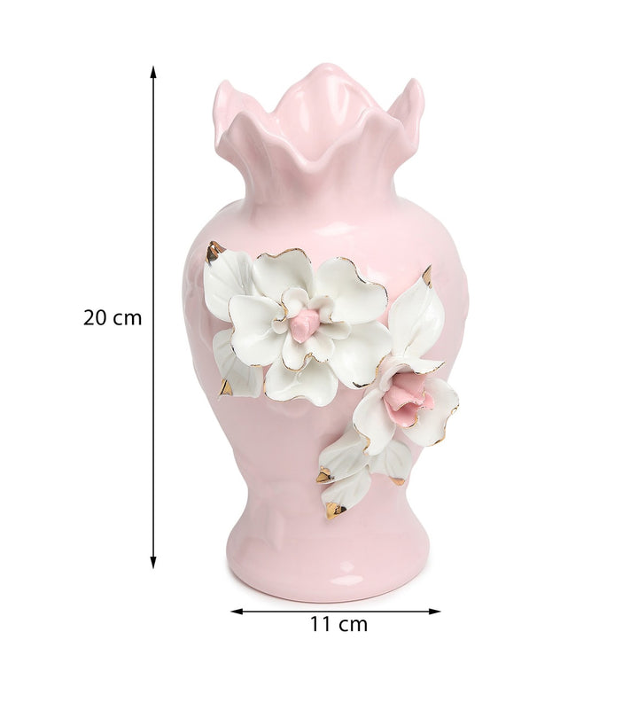 Elodie Fleur Ruffled Rim Porcelain Vase with Gold Detail Pink view 3