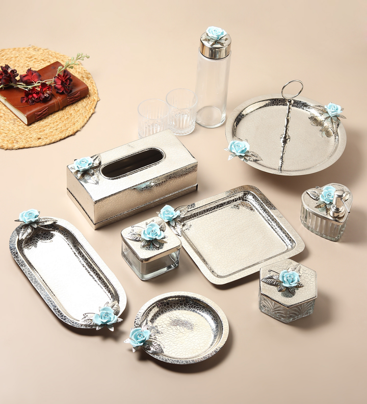 Petal Eclat Stainless Steel Cake Stand with Floral Accent Blue view 7