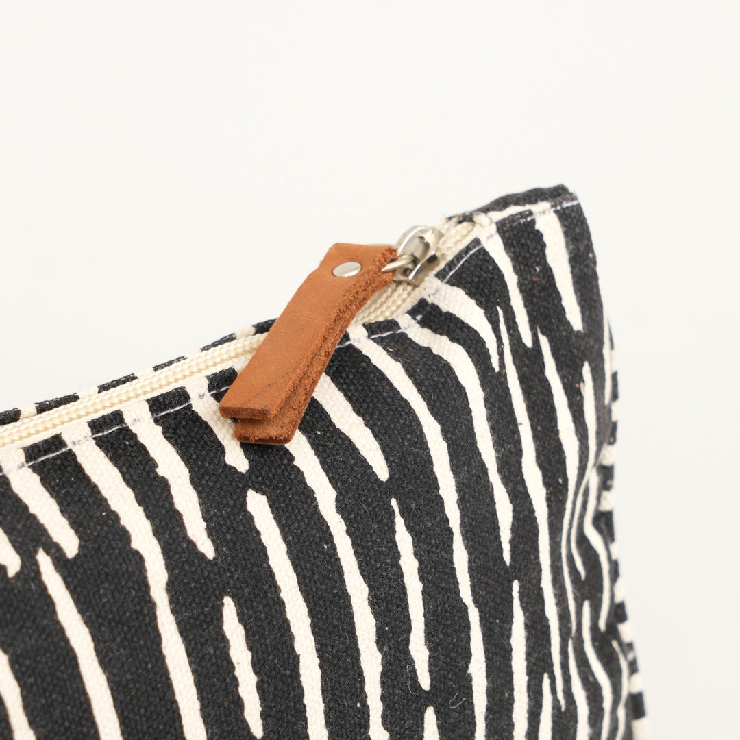 Black Stripe Print Canvas Zipper Pouch, View 3