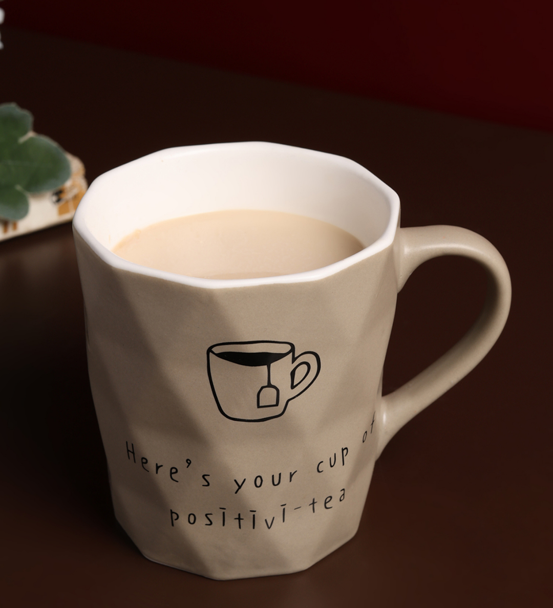 Positive-Tea Ceramic Tea Cup with Quote Beige view 2