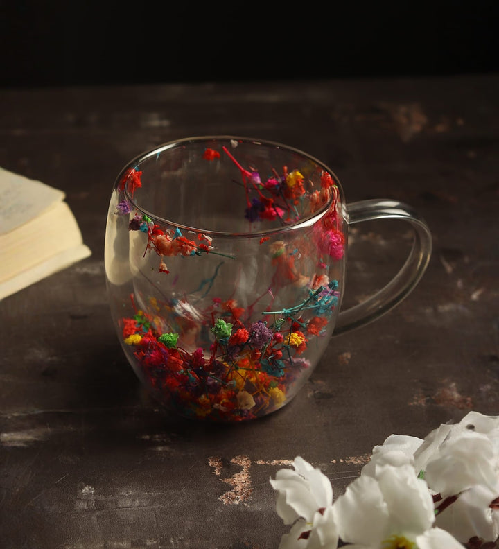 Dahlia Pressed Flower Glass Mug Small Multicoloured view 2