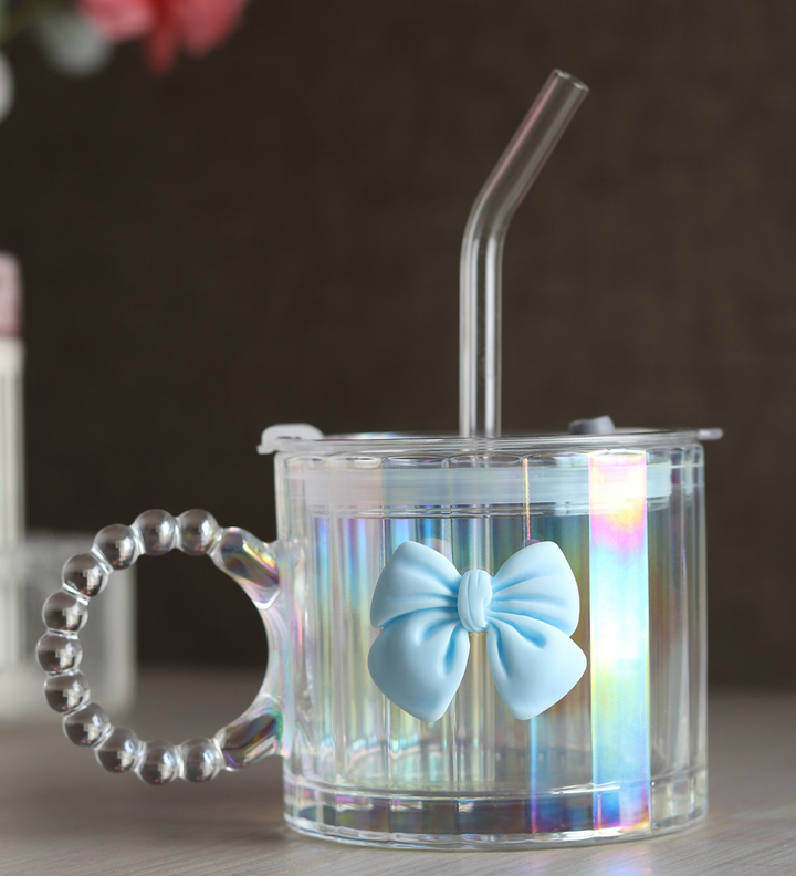 Colette Ribbed Glass Tumbler with Bow, Lid and Straw Blue view 1