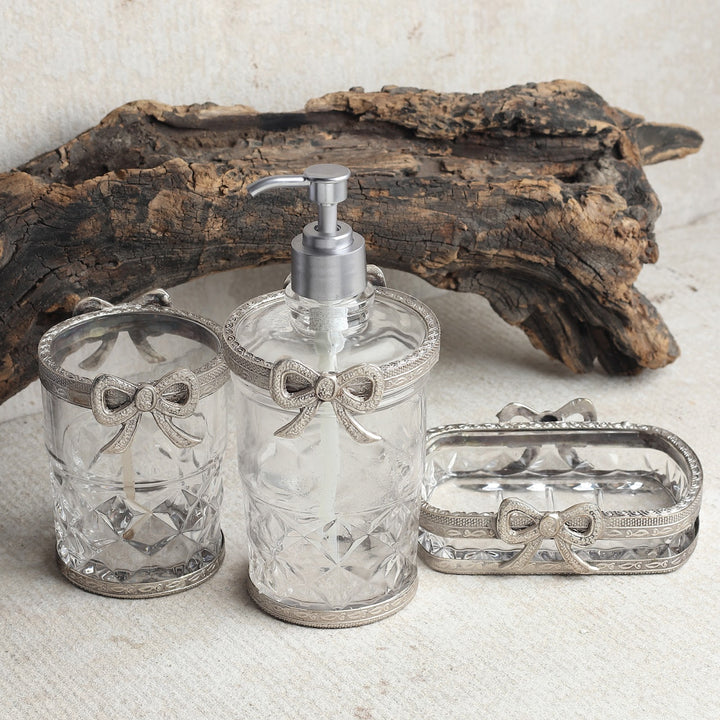 Expobazaar Bow-Tied Glass Bathroom Silver Set