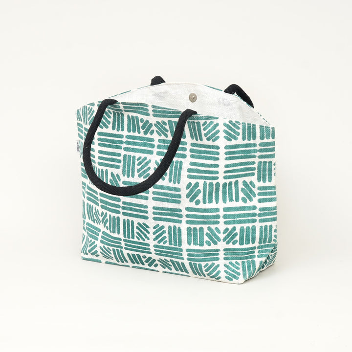 Teal Geometric Print Jute Carry Bag, View 2