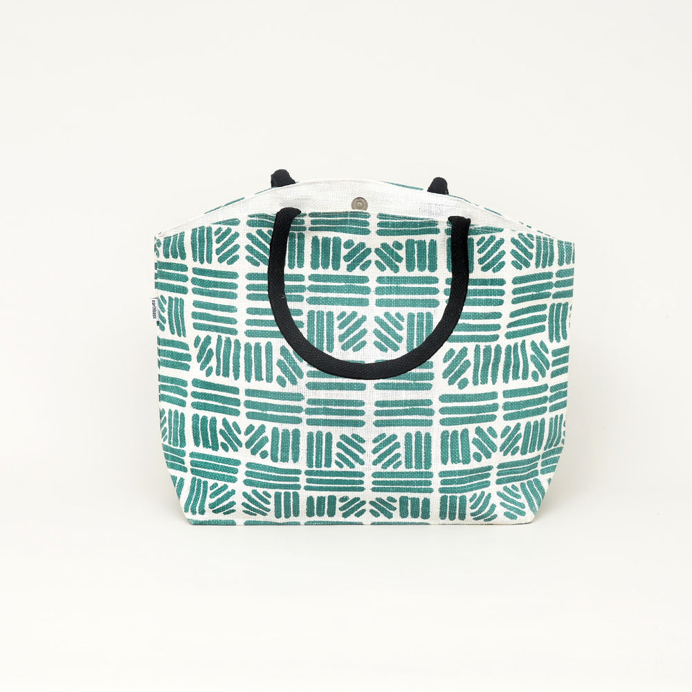 Teal Geometric Print Jute Carry Bag