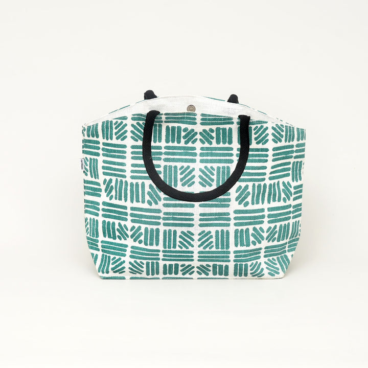 Teal Geometric Print Jute Carry Bag