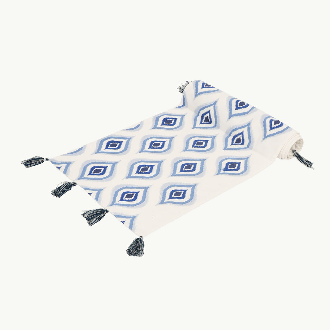 Blue Geometric Table Runner with Tassels, View 4