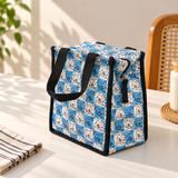 Express Jute Lunch Bag, Blue and White Patchwork, View 2