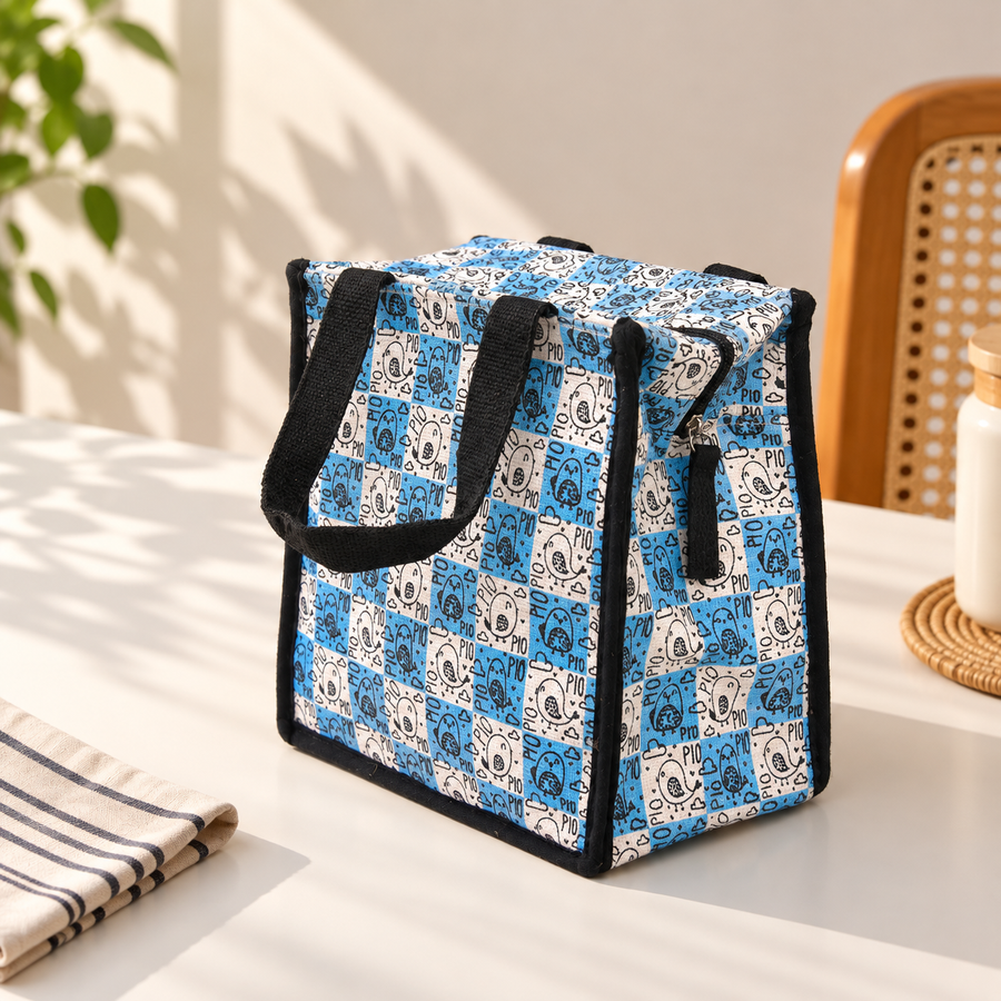 Express Jute Lunch Bag, Blue and White Patchwork, View 2