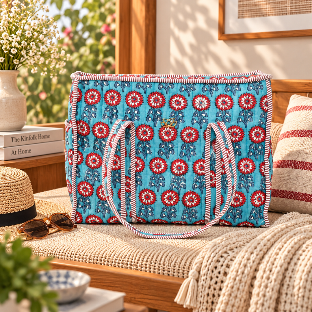 Quilted Cotton Floral Tote Bag, Blue, view 5