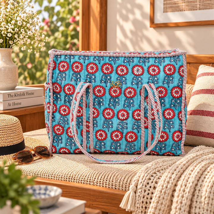 Quilted Cotton Floral Tote Bag, Blue, view 5