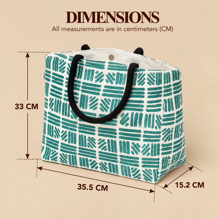 Teal Geometric Print Jute Carry Bag, View 5