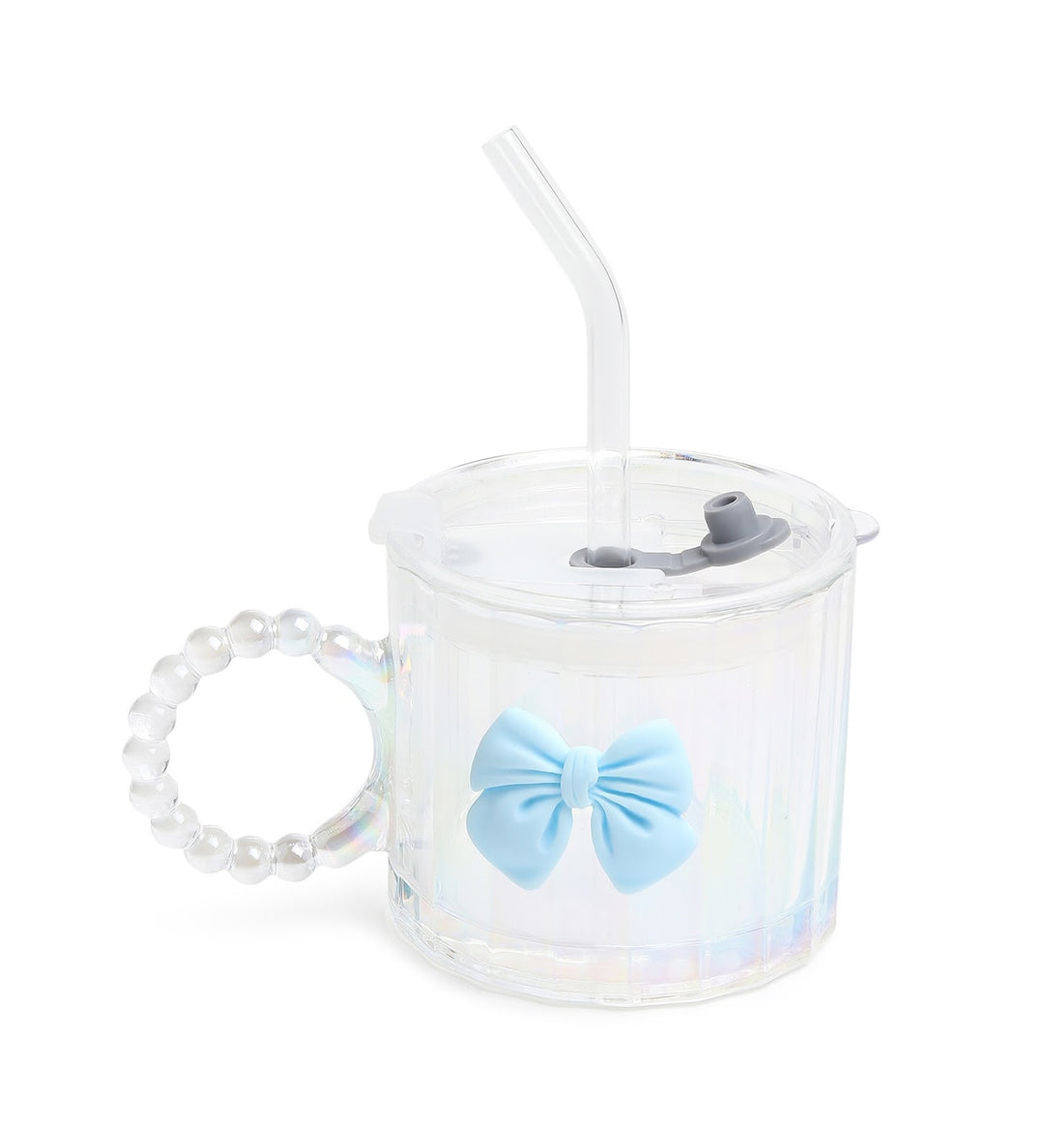 Colette Ribbed Glass Tumbler with Bow, Lid and Straw Blue view 4