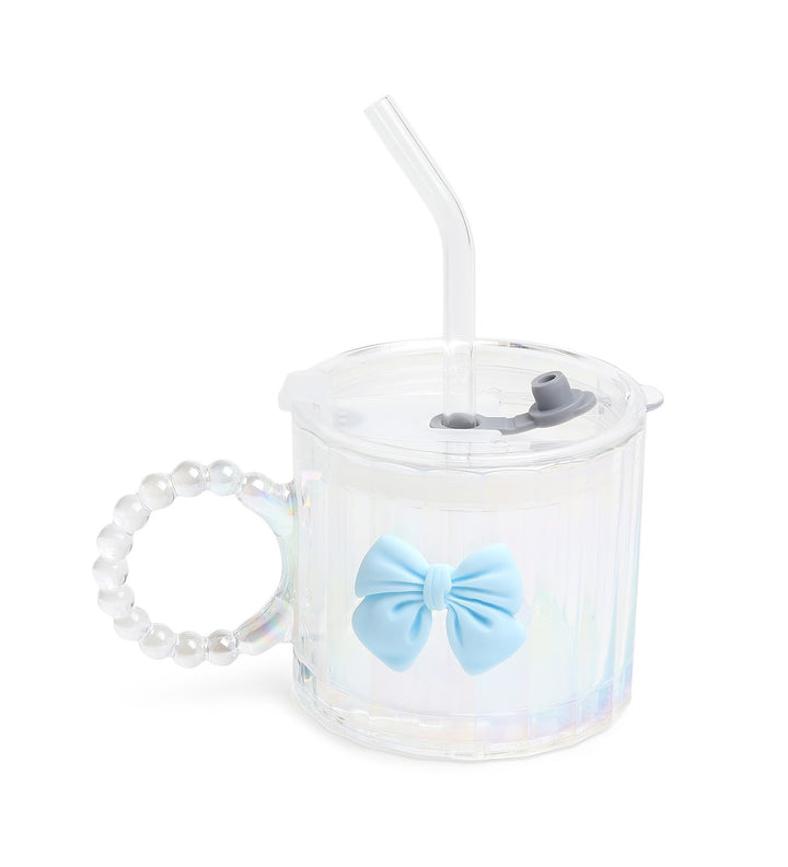 Colette Ribbed Glass Tumbler with Bow, Lid and Straw Blue view 4