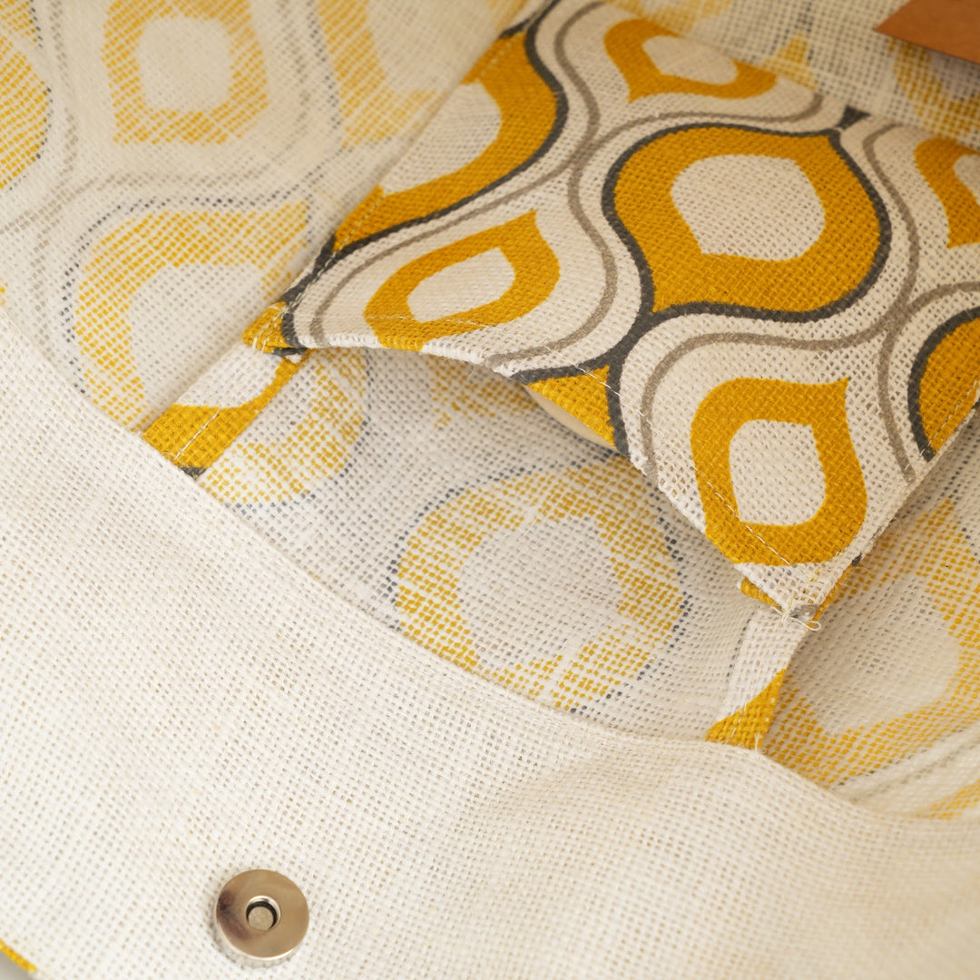 Yellow Geometric Print Jute Carry Bag, View 4