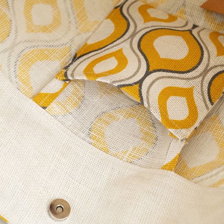 Yellow Geometric Print Jute Carry Bag, View 4