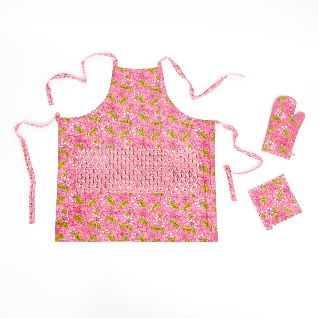 Hand Block Cotton Kitchen Apron Set, Magenta