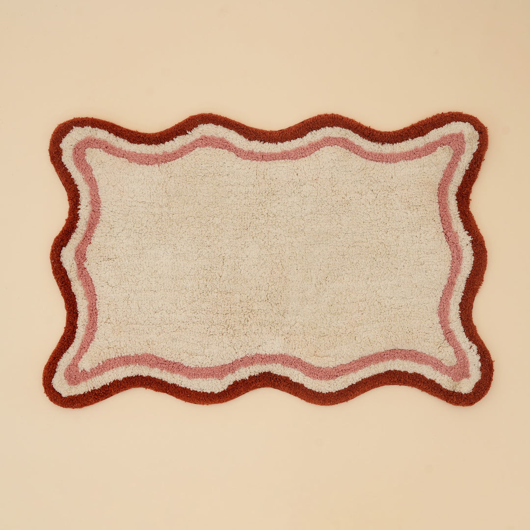 Red Scalloped Retro Tufted Cotton Bath Mat, View 3