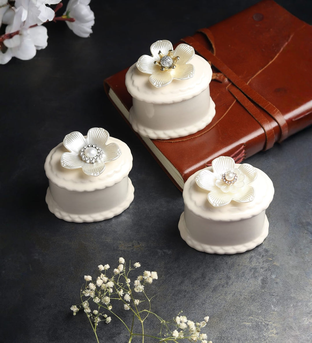 Primula Three Blossom Porcelain Trinket Box Set view 1