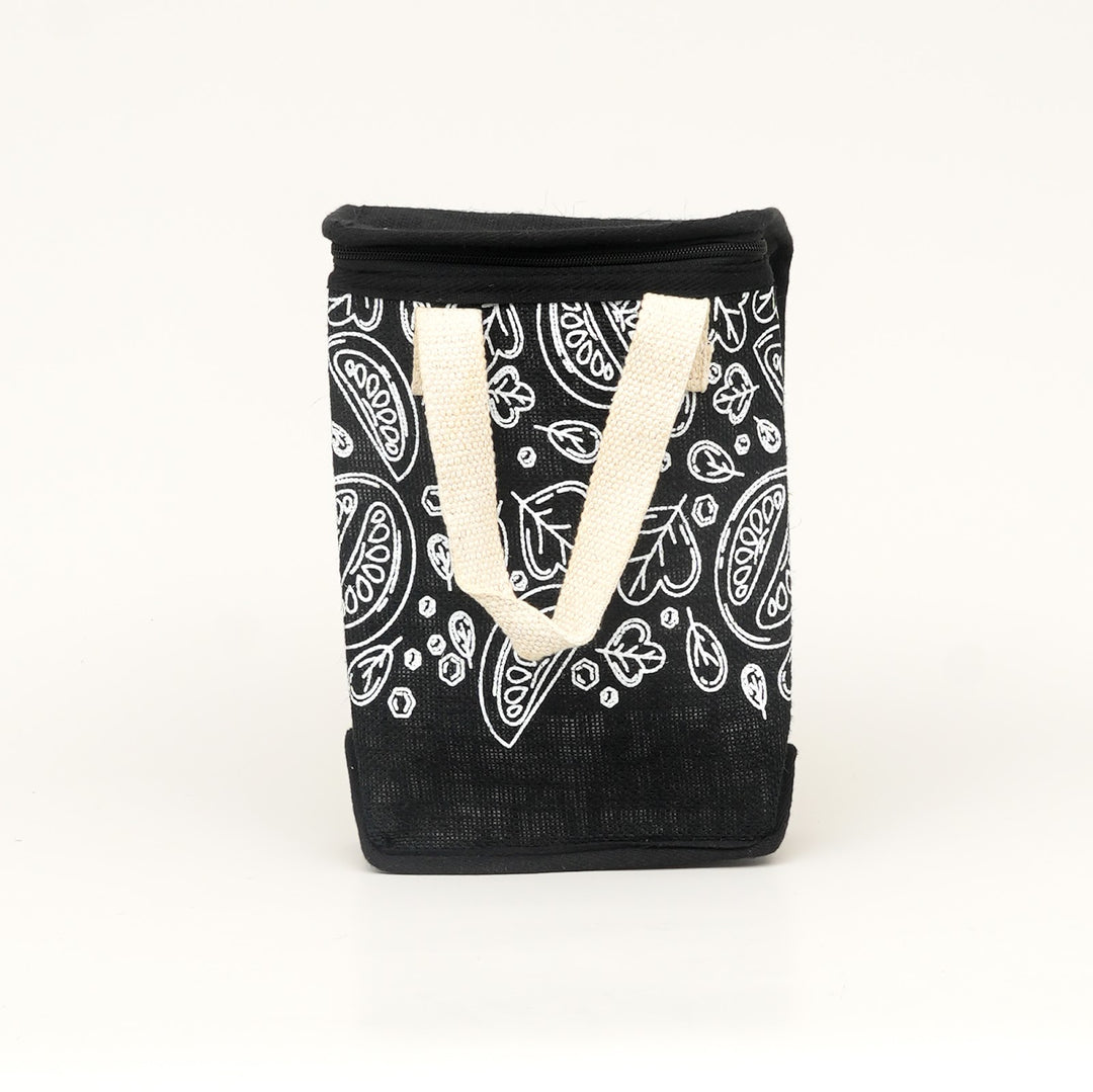 Insulated Jute Lunch Bag, Black with White Print, View 2