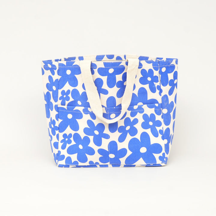 Blue Floral Print Canvas Tote Bag, View 3