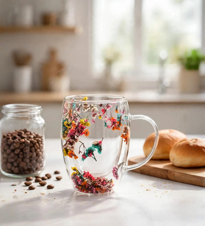 Dahlia Pressed Flower Glass Coffee Mug Multicoloured view 1