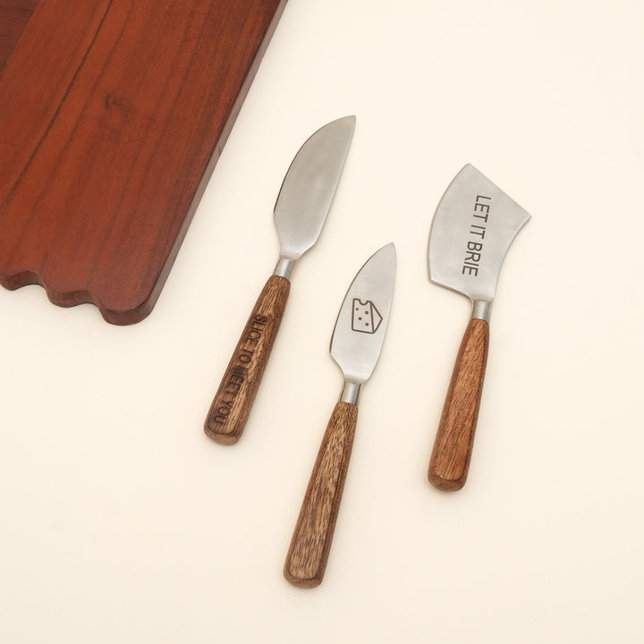 Etched steel and wood cheese knife set