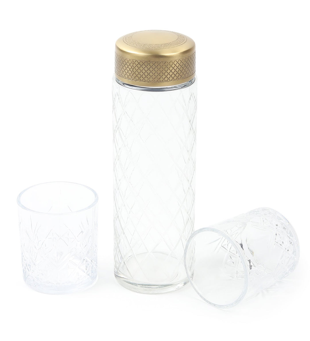 Brass Verre Diamond Cut Glass Bottle and 2 Glasses Set view 4