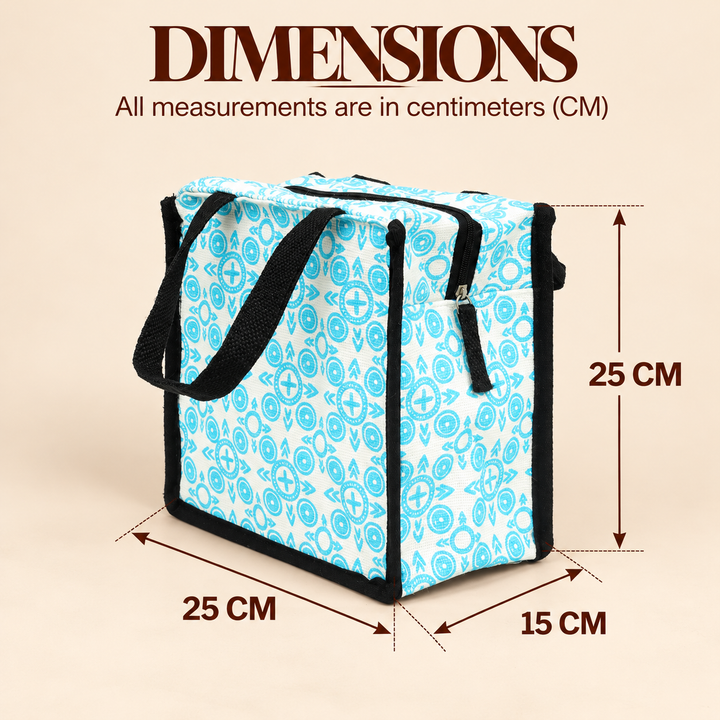 Express Jute Lunch Bag, Aqua and White Print