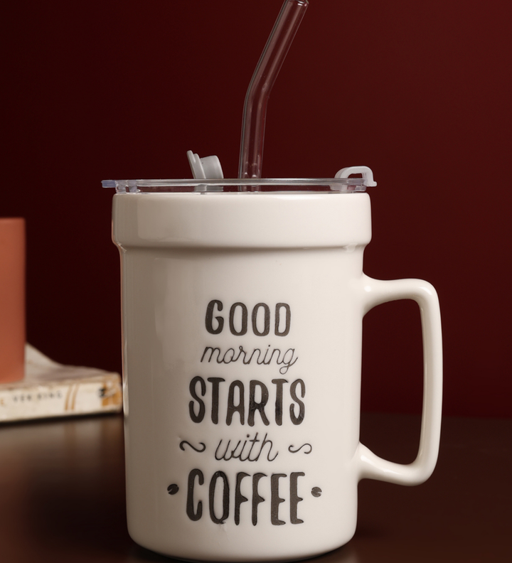 Percy White Ceramic Coffee Mug with Cafe Inscription Good Things Start With Coffee view 1