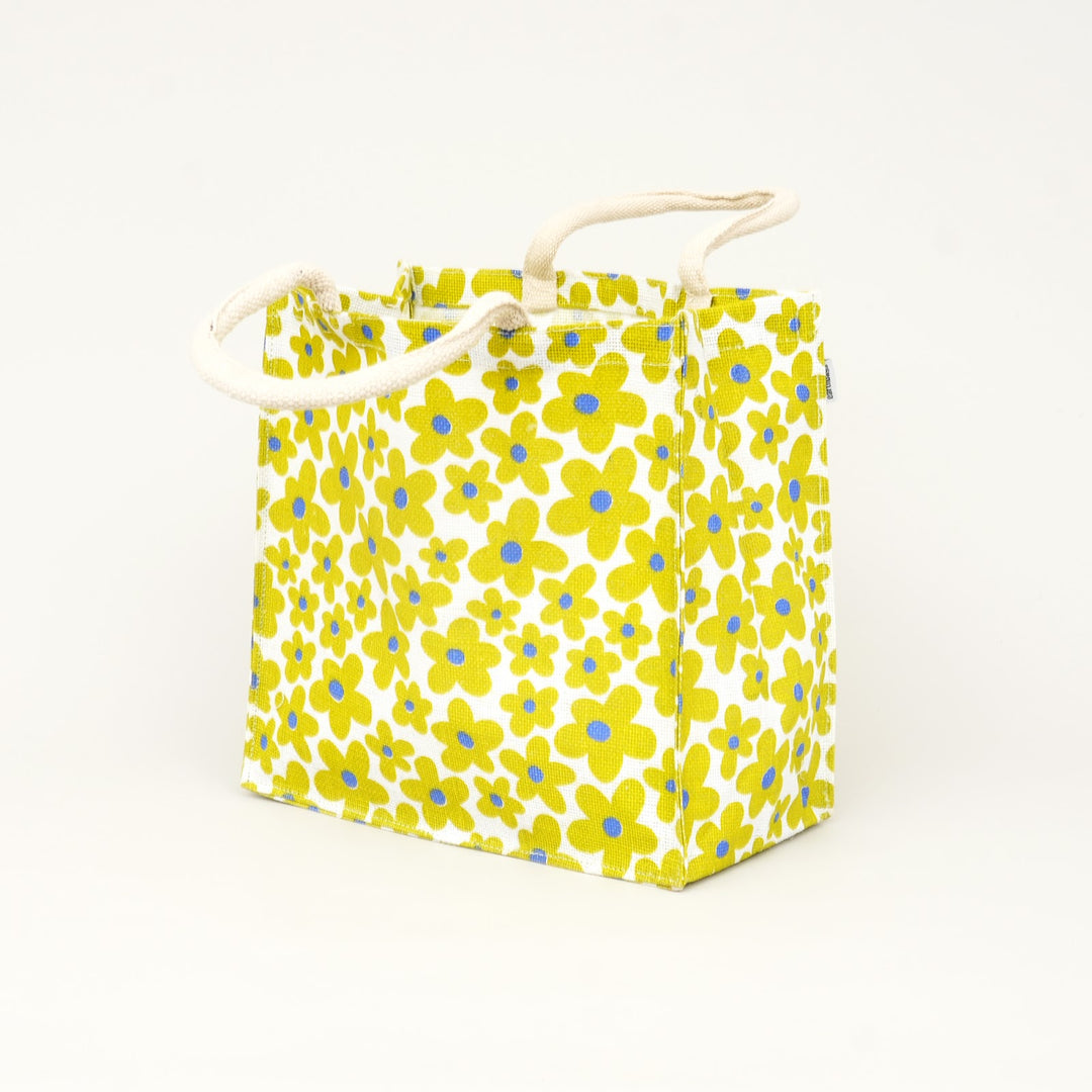 Yellow Floral Print Jute Lunch Bag, View 3