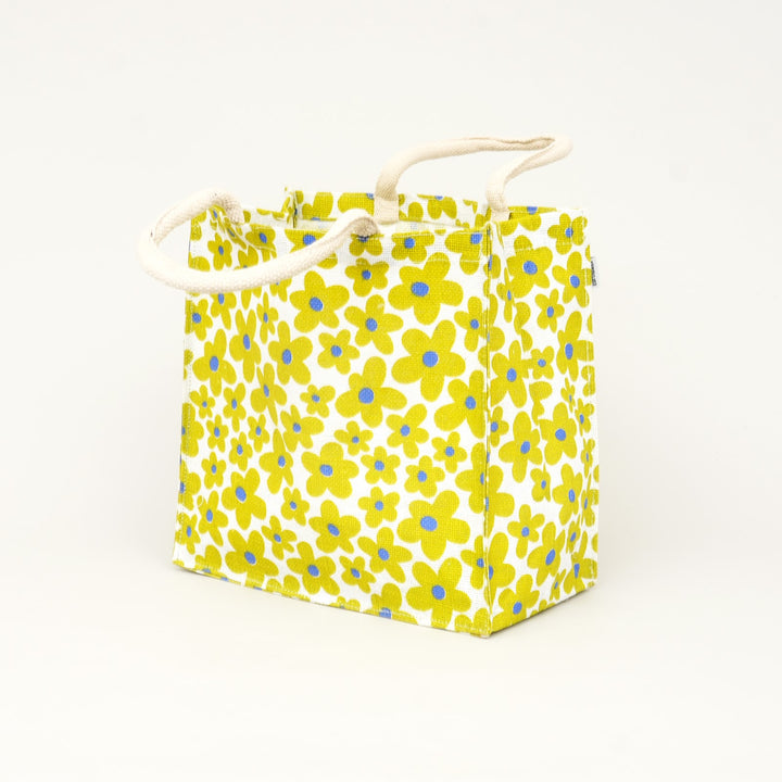 Yellow Floral Print Jute Lunch Bag, View 3