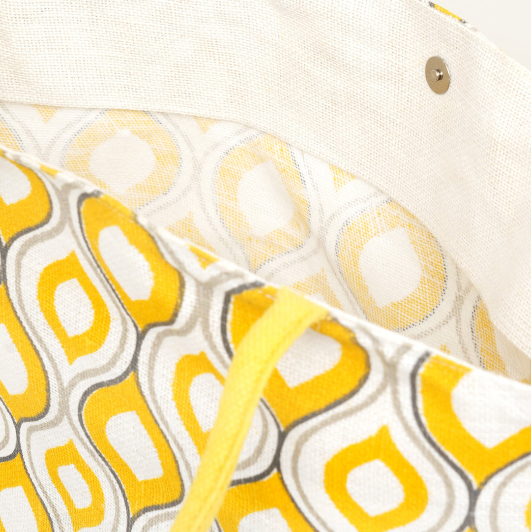 Yellow Geometric Print Jute Carry Bag, View 3